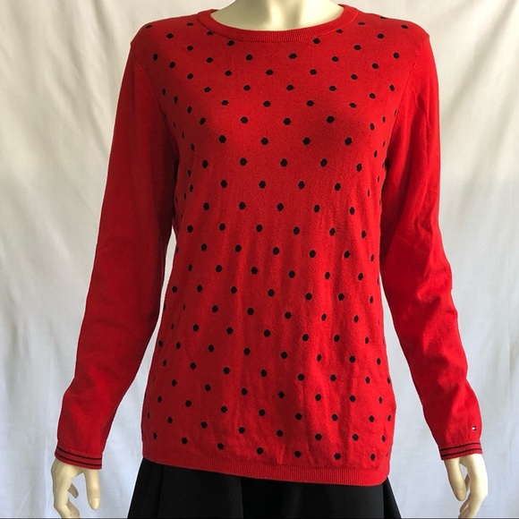 Tommy Hilfiger Sweaters - Tommy Hilfiger woman’s red and navy polka dot sweater size large 100% cotton